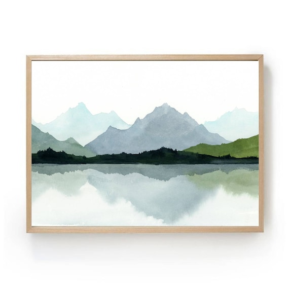 Mountain Lake Watercolor Art Print, Minimalist Landscape