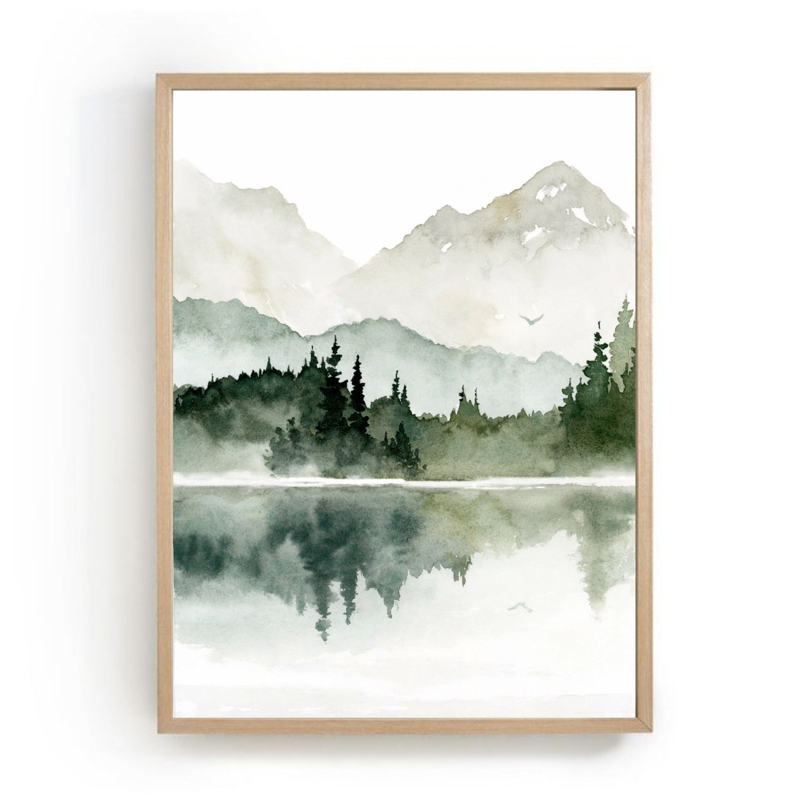 Misty Mountain Lake Watercolor Pine Forest Reflection Landscape Poster