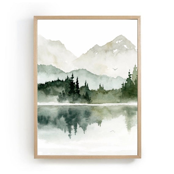 Mountain Lake Painting Watercolor Art Print Gray Green Wall Minimalist Landscape Pine Forest Artwork Large Neutral Decor