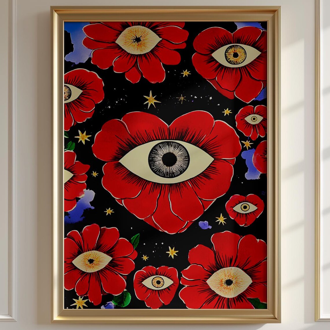 Surreal Red Eye Flowers Starry Night Mystical Botanical Poster