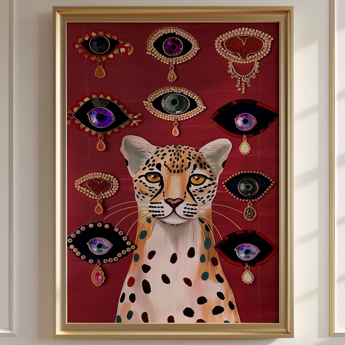 Mystical Cheetah Poster Surreal Eye Art Red Maximalist Decor