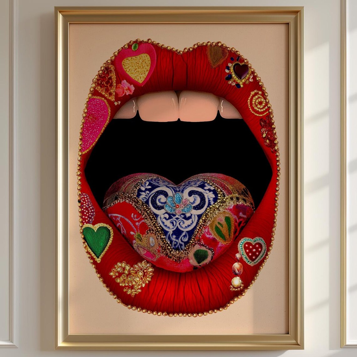 Surreal Jeweled Red Lips Pearl Heart Embroidered Tongue Art Poster