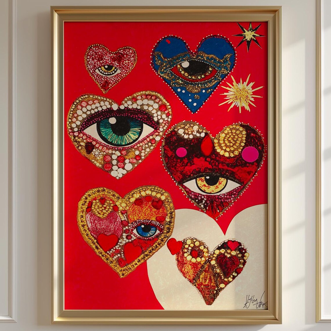 Surreal Heart Eye Pop Art Print, Maximalist Red