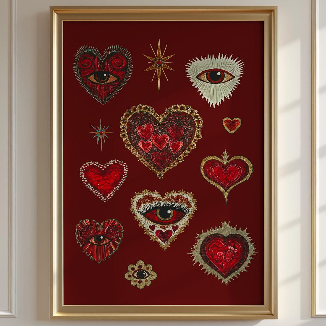 Maximalist Heart and Evil Eye Red Gold Surreal Bohemian Art Print