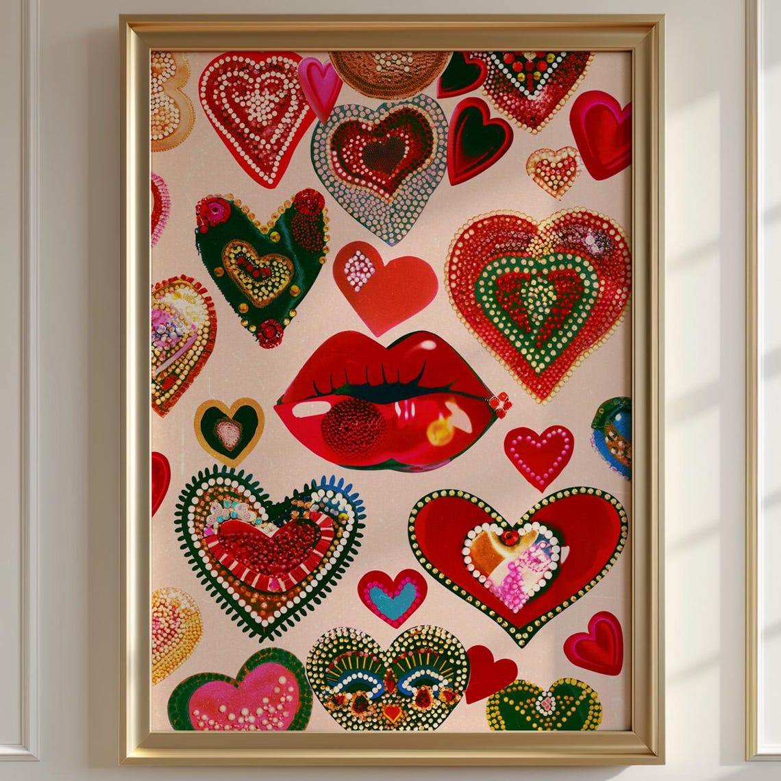 Maximalist Beaded Heart Collage with Red Lips Valentine Wall Art