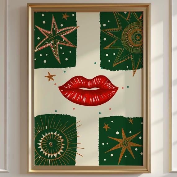 Red Lips Glitter Stars Art Print Eclectic Funky Pop Decor