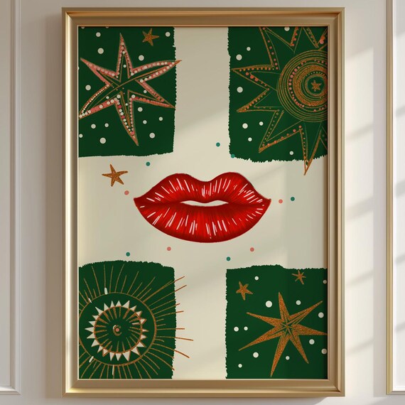 Red Lips With Green Glitter Stars Eclectic Funky Pop Art Print