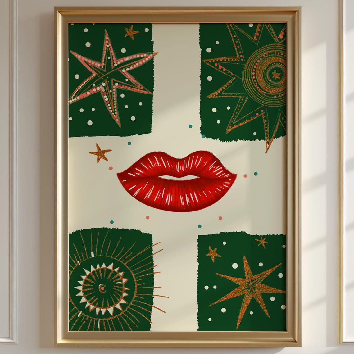 Red Lips With Green Glitter Stars Eclectic Funky Pop Art Print
