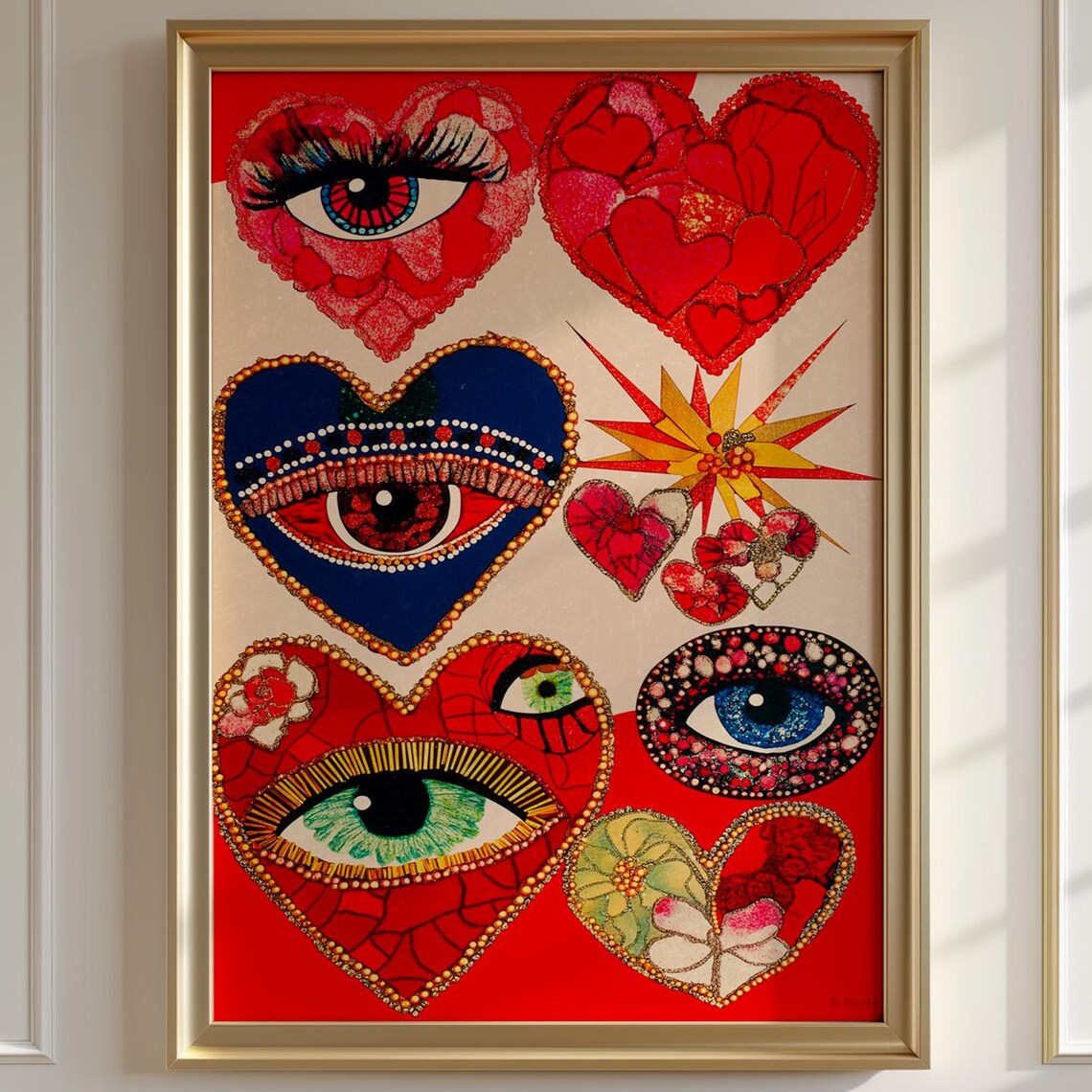 Surreal Jeweled Hearts With Eyes Maximalist Red Folk Collage Art Print
