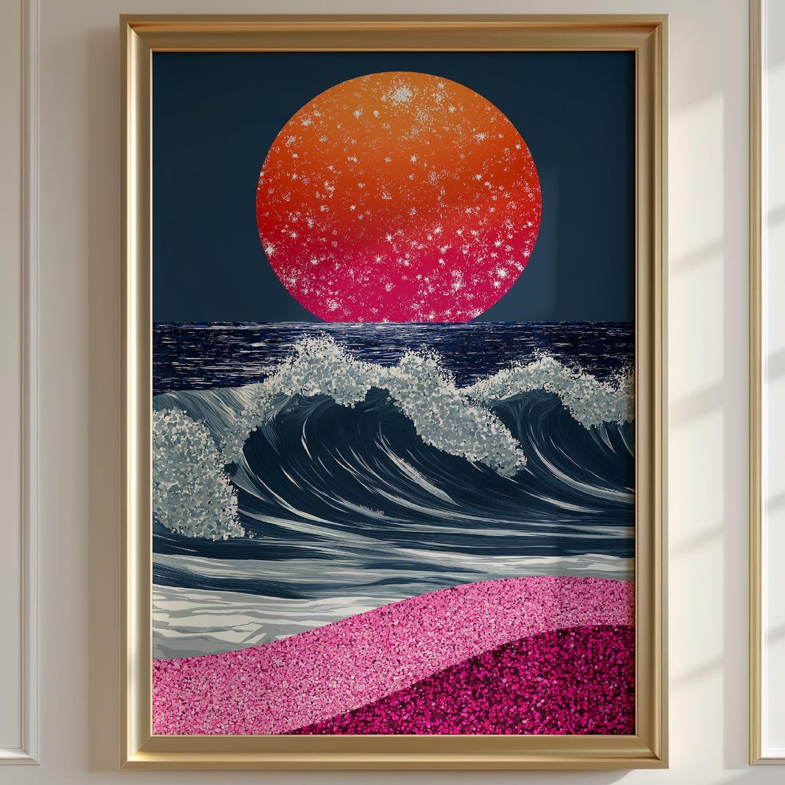 Glitter Ocean Waves Pink Moon Sunset Modern Coastal Wall Art
