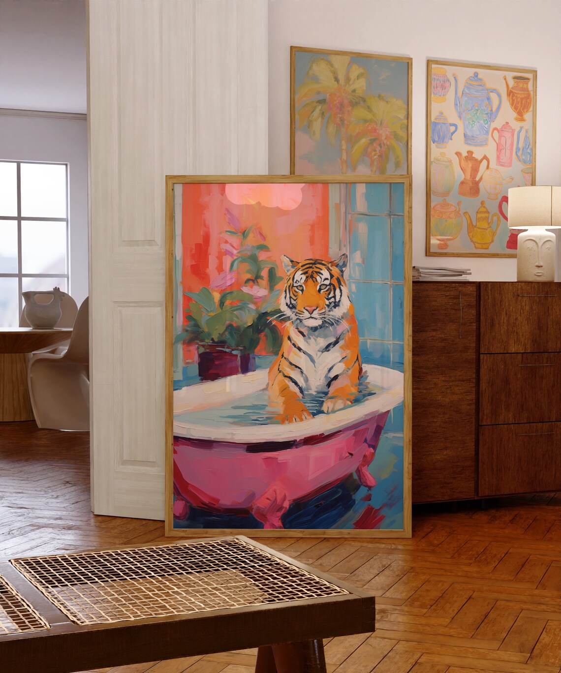 Tiger In A Bath Maximalist Bathroom Art Print