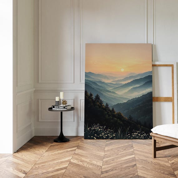 Golden Sunrise Over Misty Mountains Print Serene Nature Wall Art Tranquil Landscape Painting Smoky Mountains Decor