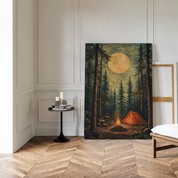 Moonlit Camping Scene Print Cozy Campfire Night Rustic Forest Art Wilderness Adventure Wall Decor Tent Under Full Moon