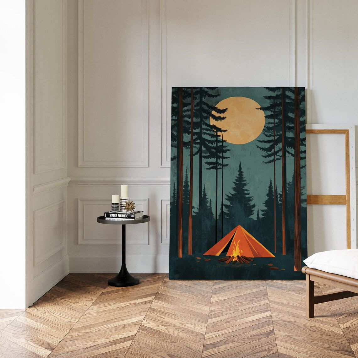Full Moon Camping Poster, Cozy Forest Night Sky