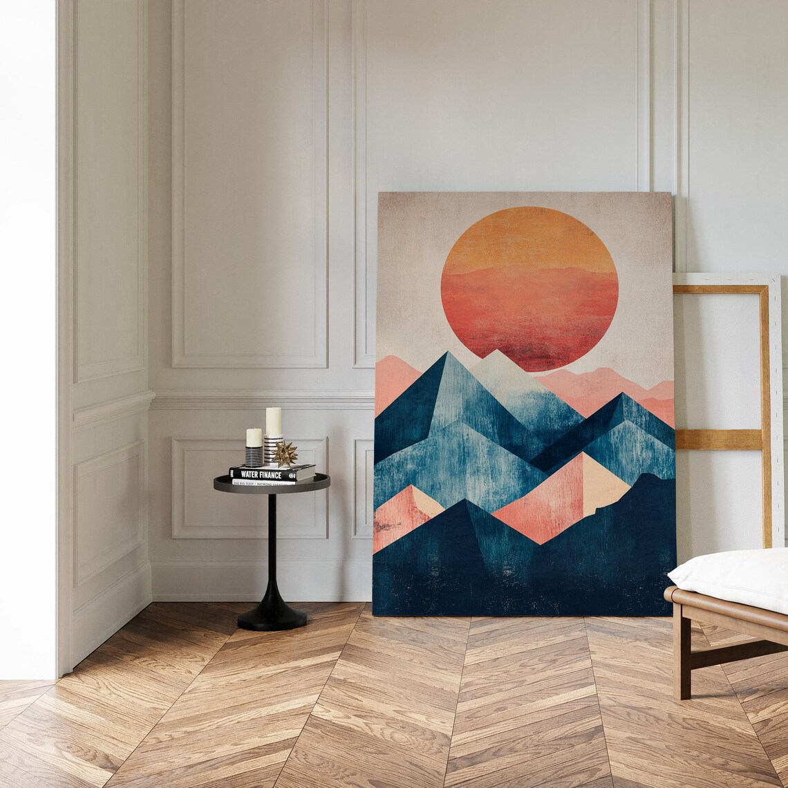 Abstract Sunset Mountain Poster, Modern Geometric Landscape