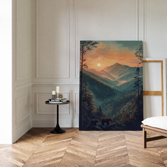 Bears on Rocky Overlook at Mountain Sunset Forest Valley Poster