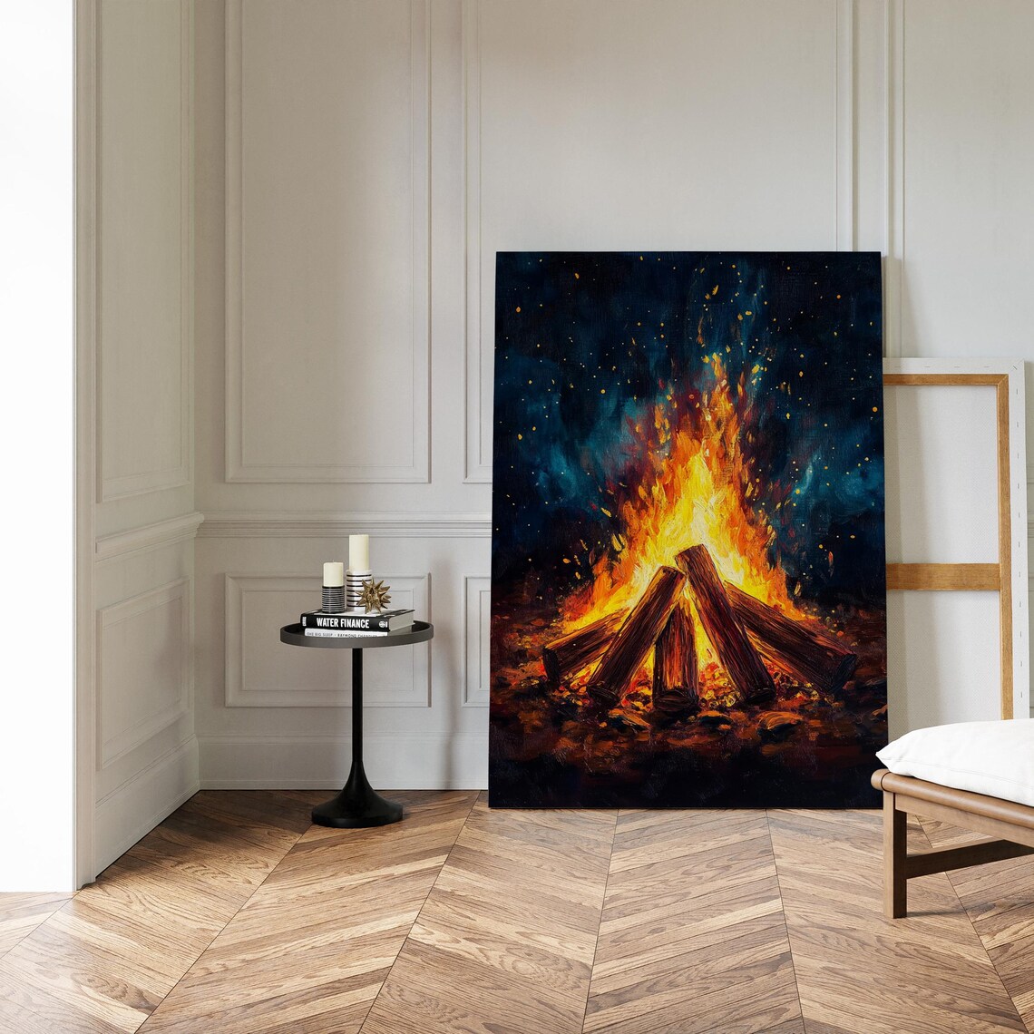 Cozy Campfire Night, Rustic Bonfire Painting