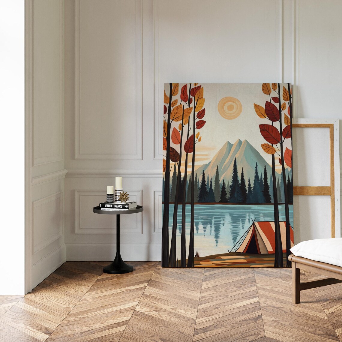 Autumn Camping Art Print, Tranquil Mountain Lake Scene