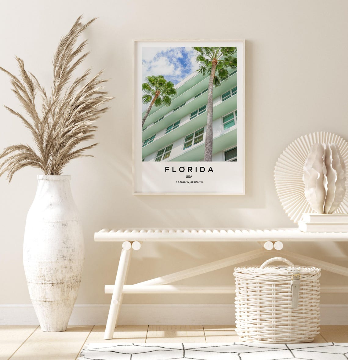 Florida Mint Green Art Deco Building Palm Trees Low Angle Wall Art - Image 3
