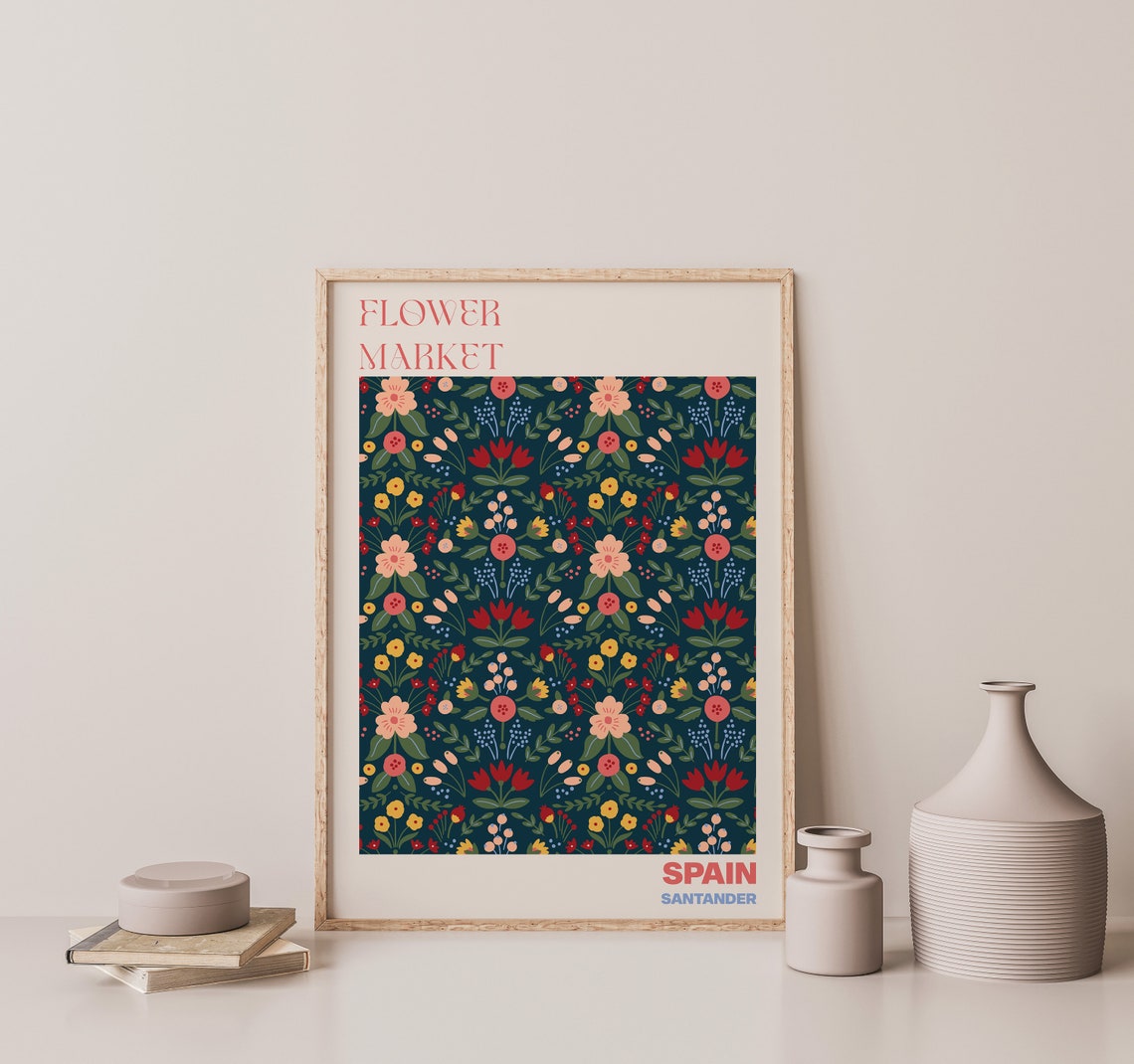 Spain Santander Flower Market Folk Floral Navy Pattern Poster - Image 3