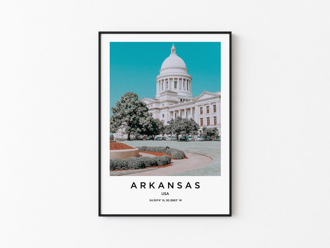 Arkansas White Dome Capitol Building Teal Sky Minimalist Travel Poster