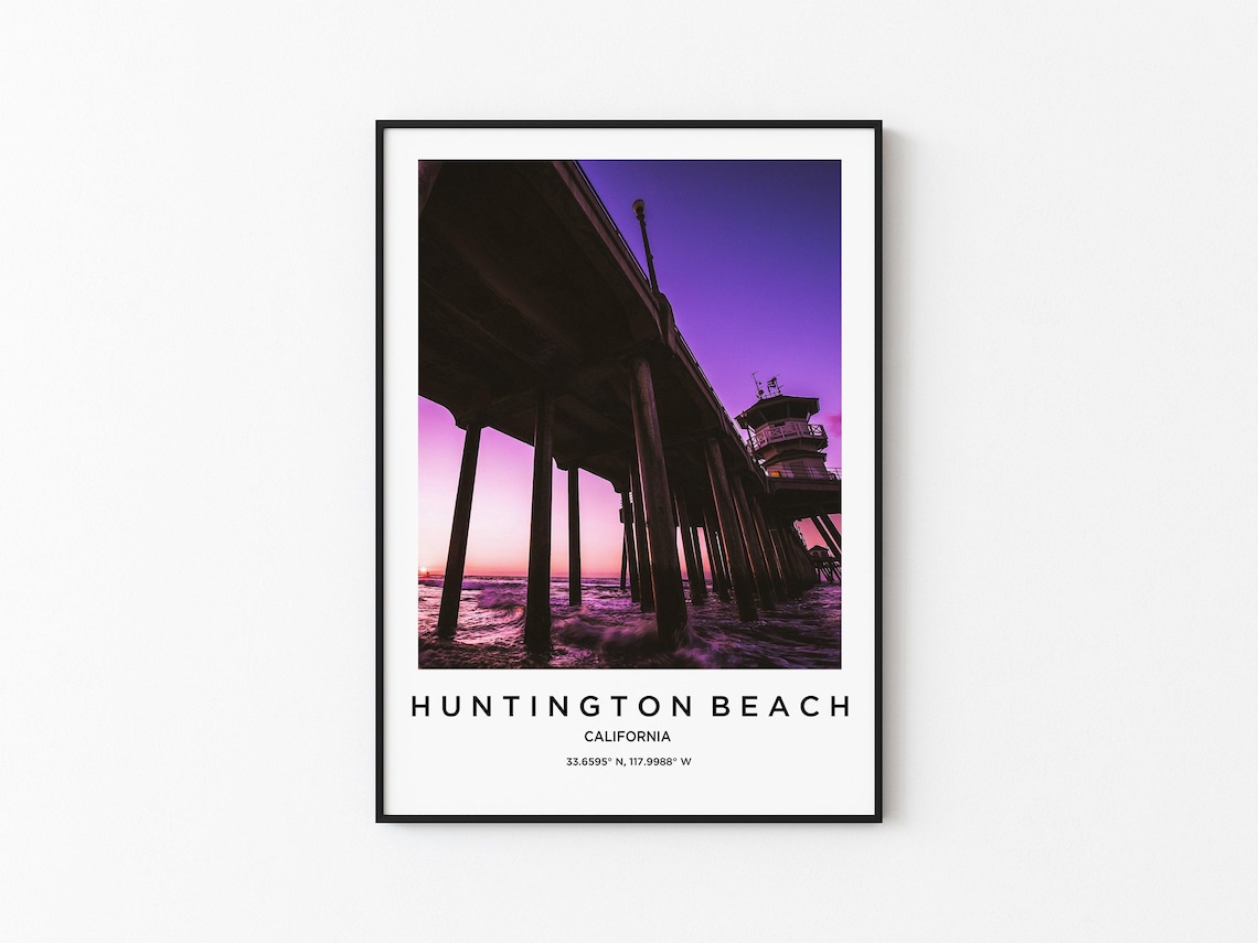 Huntington Beach California Pier Sunset Purple Sky Travel Poster