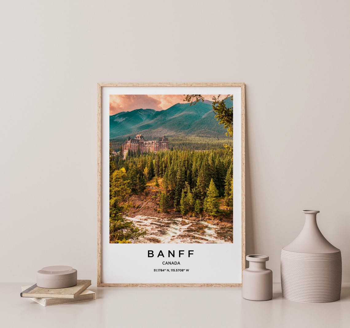 Banff Canada Grand Mountain Hotel Pine Forest Peaks Travel Poster - Image 2