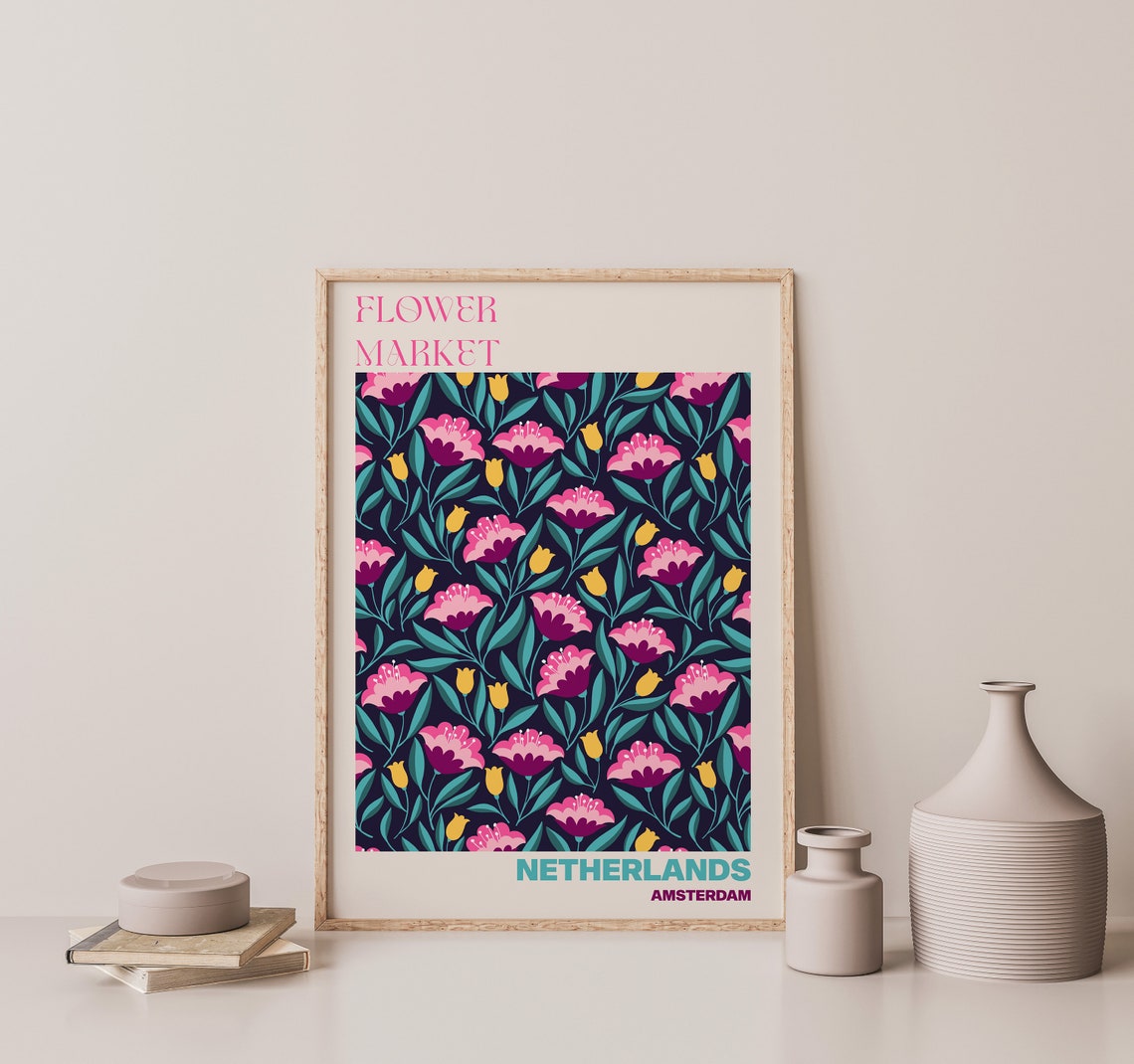 Netherlands Amsterdam Flower Market Pink Tulip Night Art Poster - Image 3