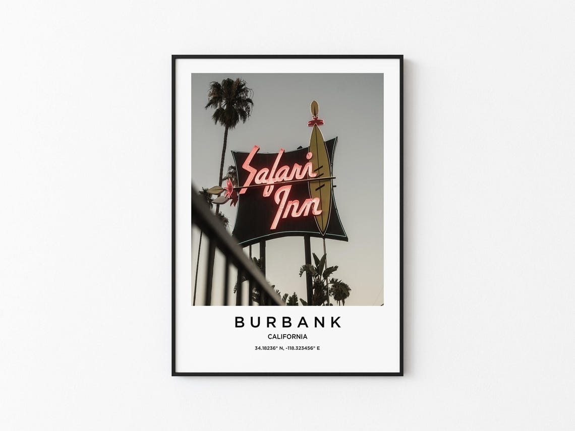 Burbank California Retro Safari Inn Neon Sign With Palm Poster