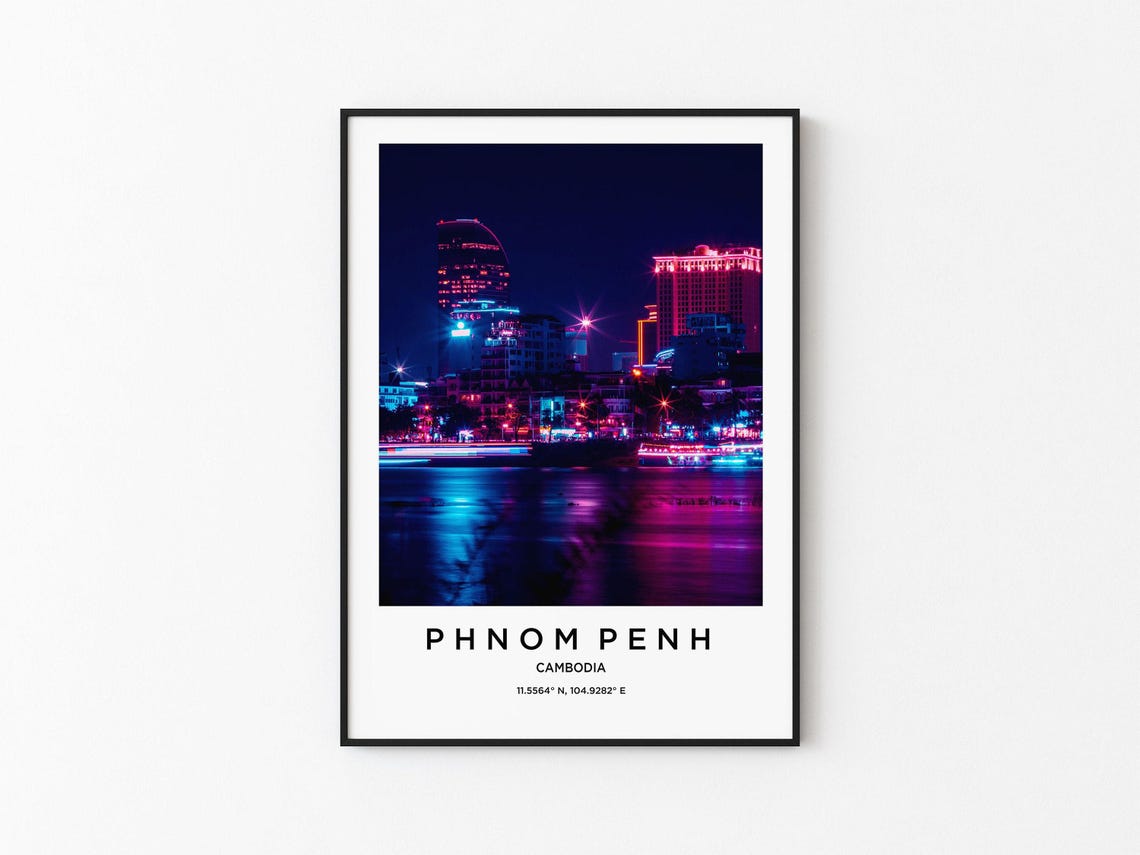 Phnom Penh Cambodia Neon City Skyline Night River Lights Poster