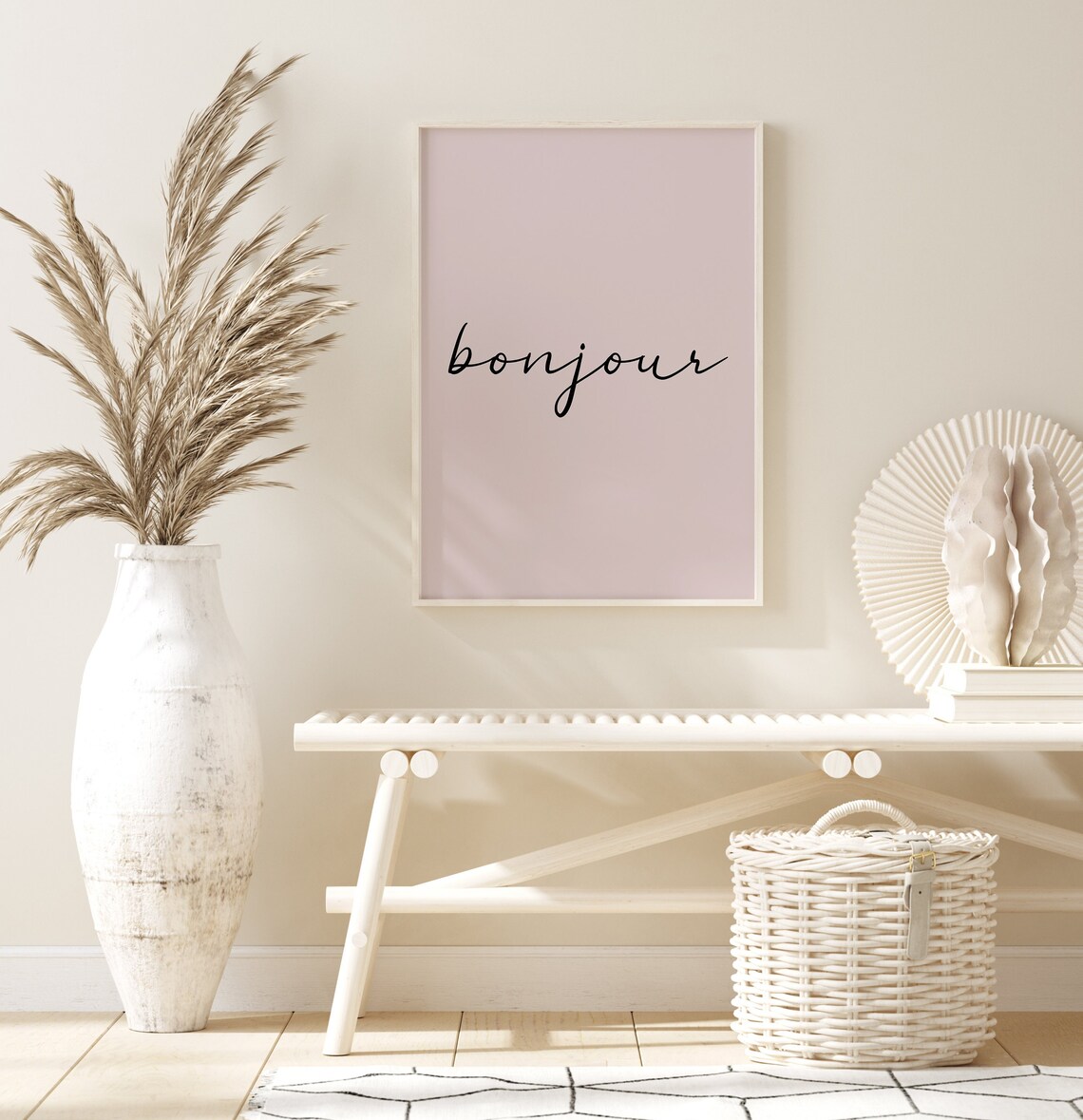Bonjour Black Script Typography Poster On Pale Pink For French Home Decor - Image 2