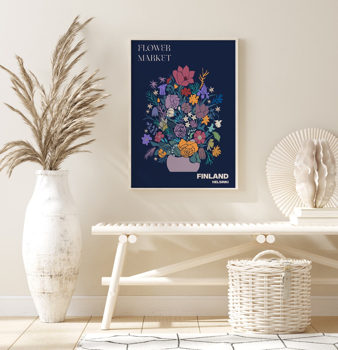 Helsinki Finland Flower Market Navy Botanical Bouquet Poster - Image 2