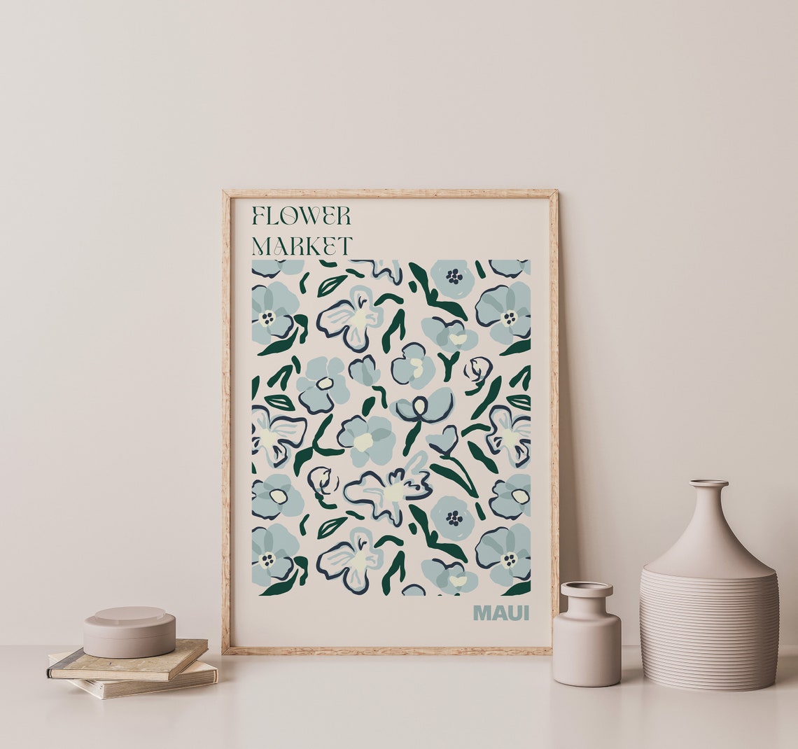 Maui Flower Market Hand Drawn Blue Green Blossom Pattern Art Poster - Image 3