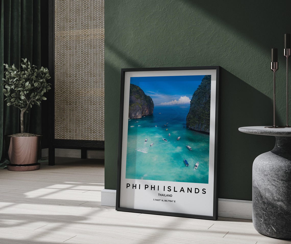 Phi Phi Islands Thailand Turquoise Bay Boats Aerial View Poster - Image 2