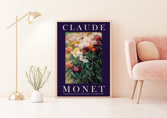Claude Monet Chrysanthemums in the Garden Navy Border Poster
