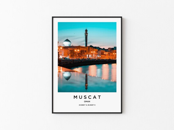 Muscat Oman Dusk Waterfront Mosque Dome Minaret Reflection Poster