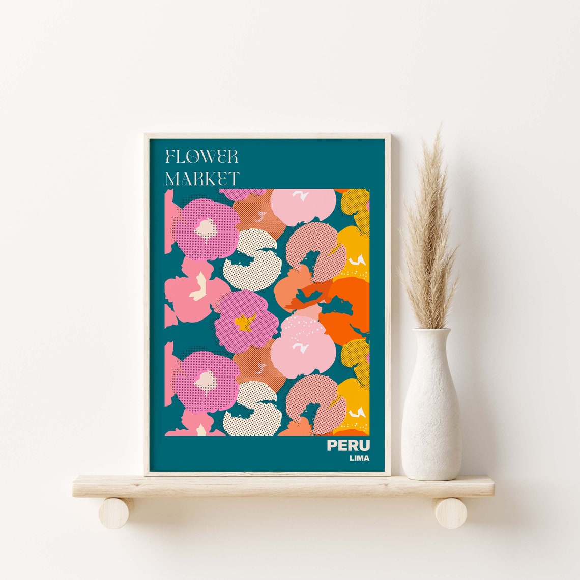 Peru Lima Flower Market Bold Retro Pop Art Pansy Teal Poster - Image 3