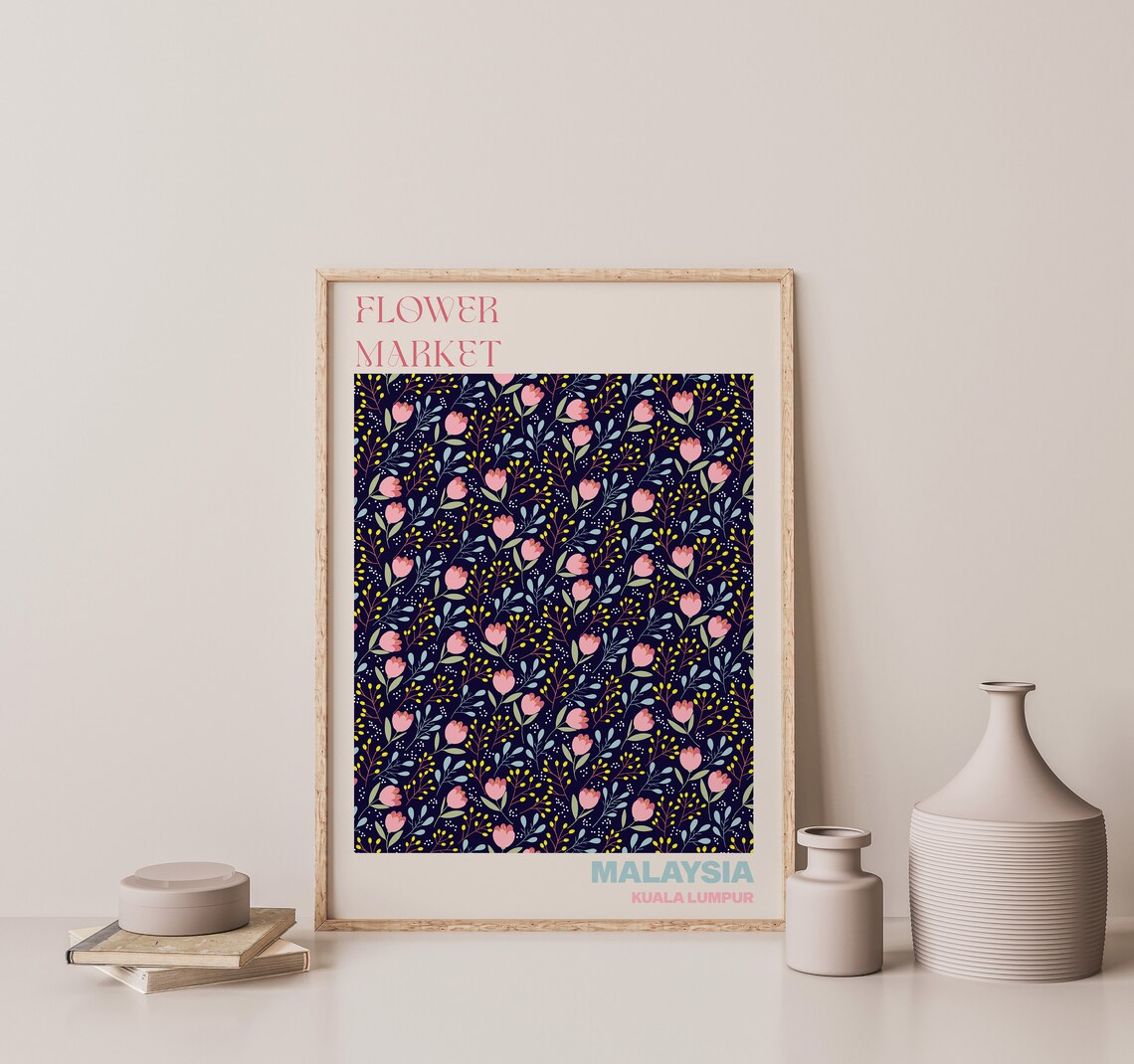 Malaysia Kuala Lumpur Flower Market Pink Bud Night Art Poster - Image 3
