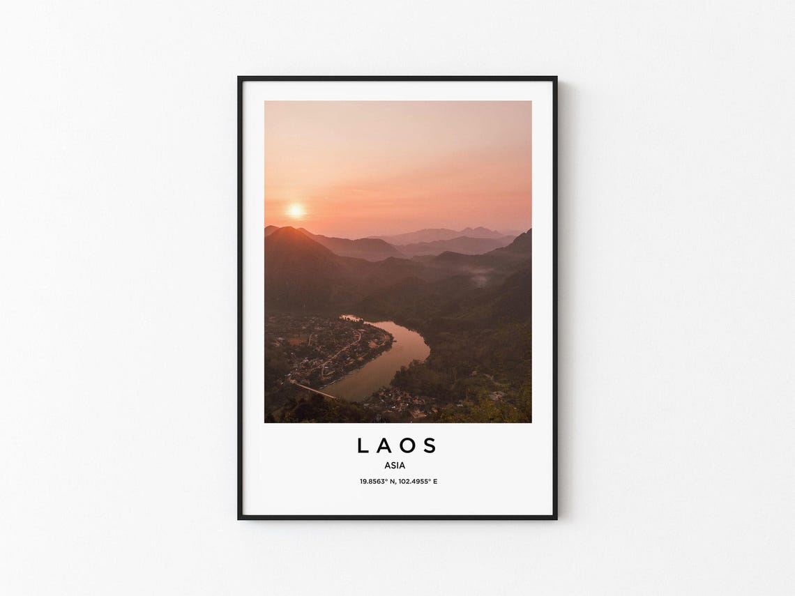 Laos Asia Golden Sunset Over River and Mountain Valley Poster