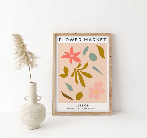 Lisbon Flower Market Coral Floral Cut Out Botanical Art Poster