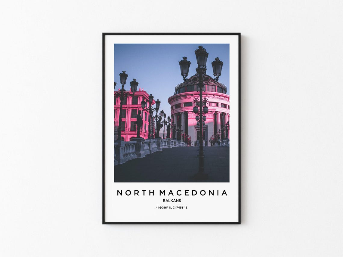 North Macedonia Balkans Old Stone Bridge With Lanterns at Dusk Poster