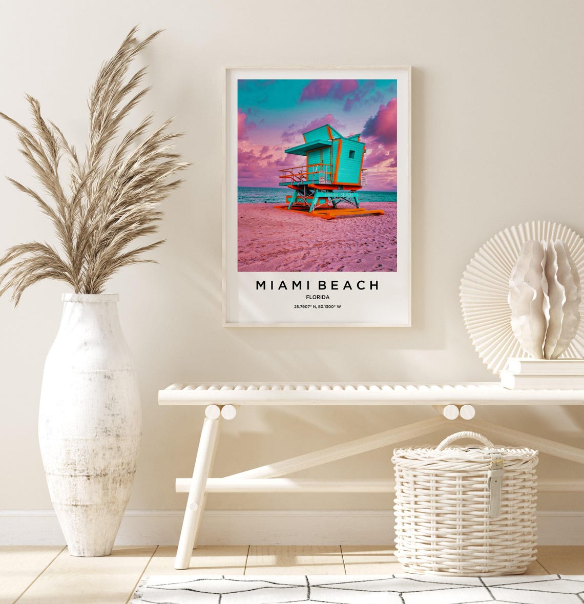 Miami Beach Lifeguard Tower Pink Sunset Sand Beach Photo Poster - Image 3