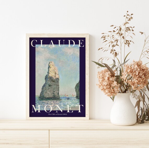 Claude Monet Cliffs at Etretat 1885 Navy Border Seascape Poster