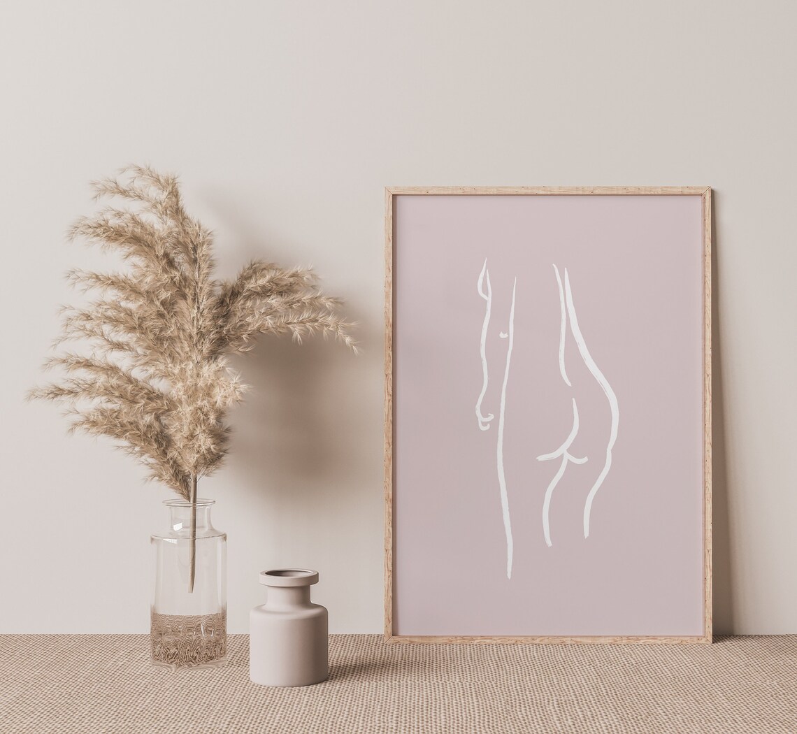 Nude Woman Minimalist White Line Drawing Blush Pink Body Poster - Image 2
