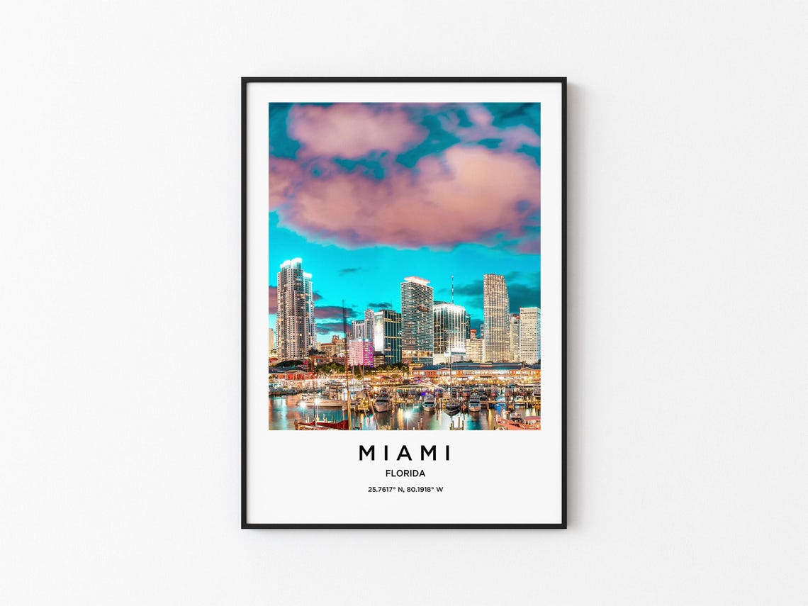 Miami Florida Downtown Skyline Marina Dusk Lights Travel Poster