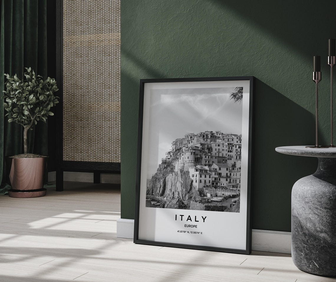 Italy Coastal Village Black and White Cliffside Photography Poster - Image 2