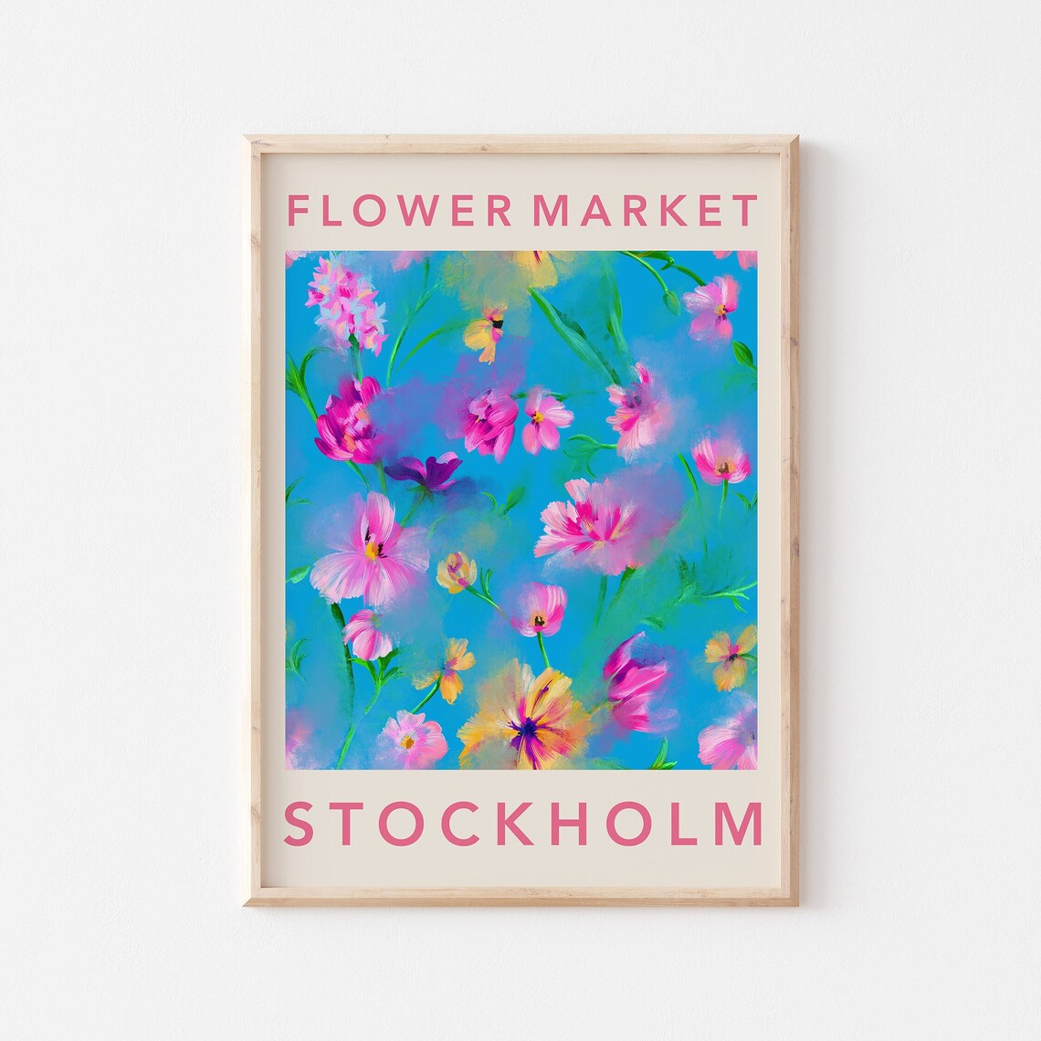 Flower Market Stockholm Pink Wildflower Blue Background Poster