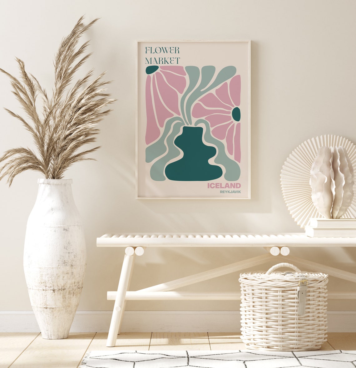 Iceland Reykjavik Flower Market Groovy Pink Daisy Teal Vase Poster - Image 2