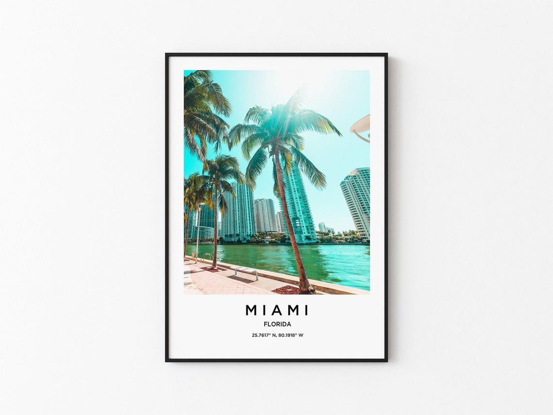 Miami Florida Waterfront Promenade Lined With Palm Trees Poster