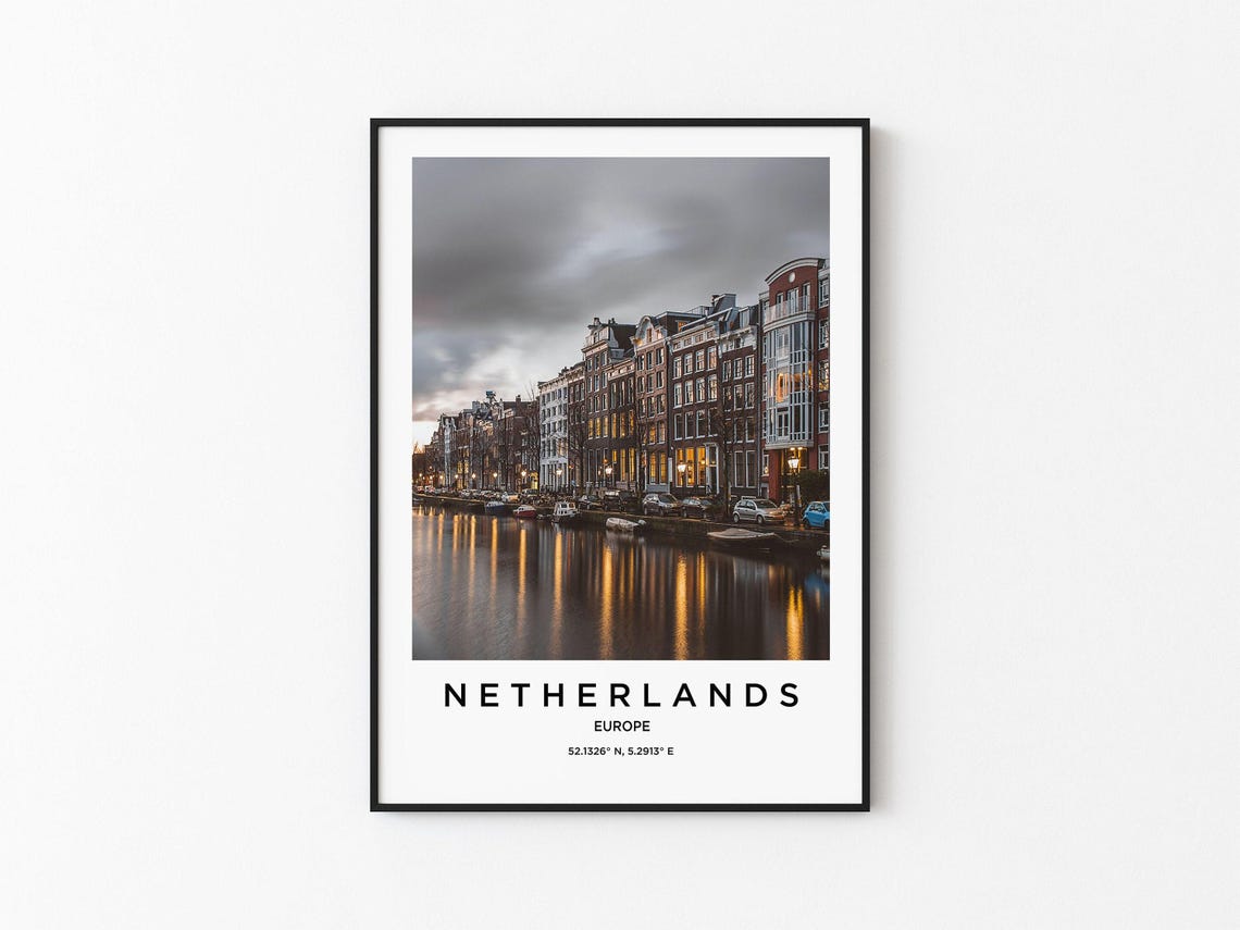 Netherlands Canal Row Houses Dusk Light Reflections Photo Poster